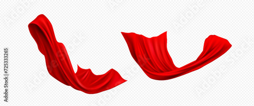 Realistic red cape and cloak floating in air on transparent background. Scarlet cloth sheet blows in wind. Vector illustration set of fabric ribbon or curtain drapery flying in flow and wave.