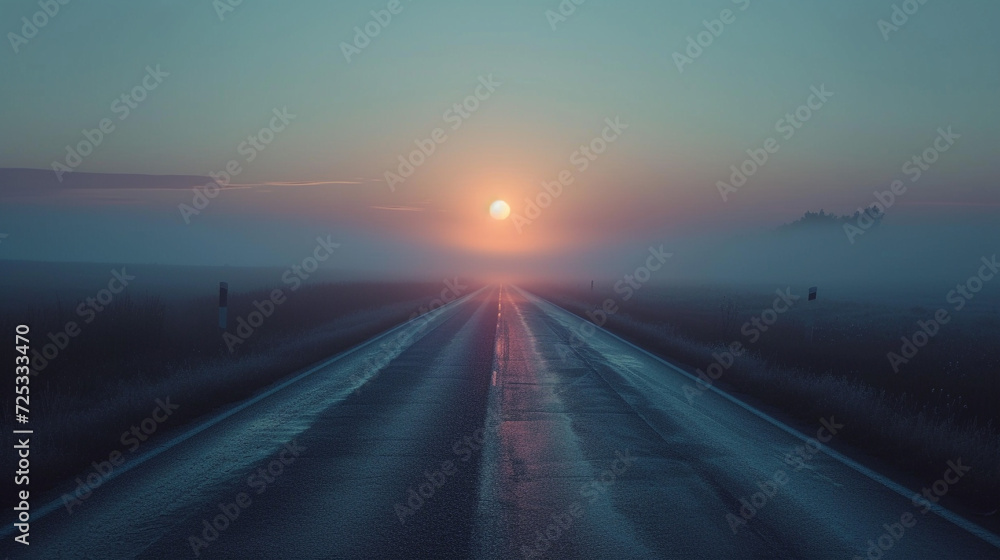 sunset view in empty road with fog