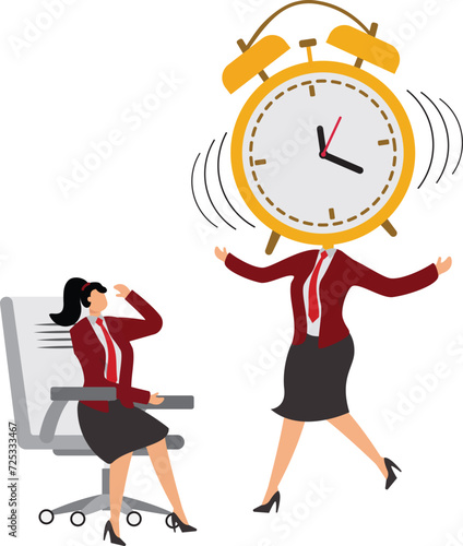Time Management, a big alarm clock suddenly appeared in front of the businesswoman
