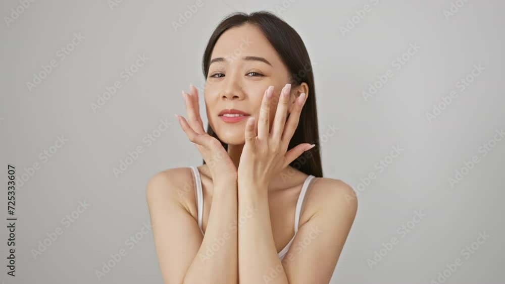 A beautiful young asian woman with a joyful expression poses against a white isolated background, her hands gracefully framing her face. A beautiful young asian woman with a joyful expression poses against a white isolated background, her hands gracefully framing her face.