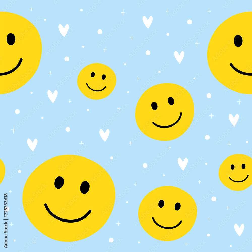 happy smile face yellow and blue background wallpaper seamless pattern 