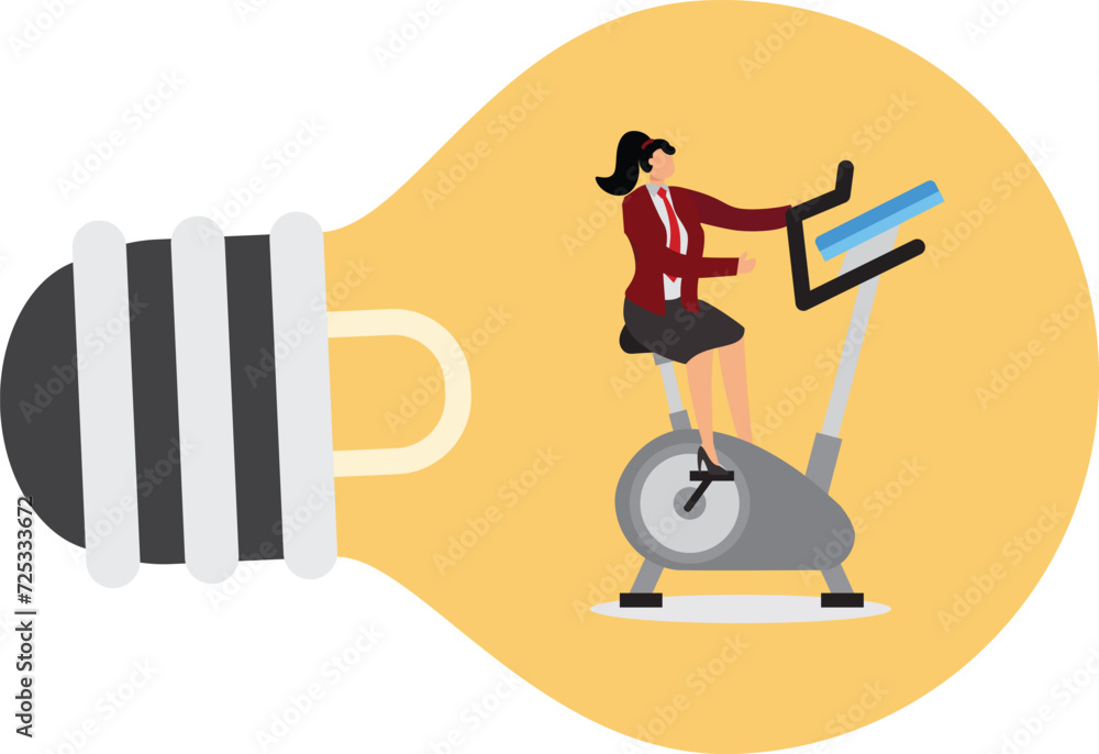 Exercise your creativity, smiling businesswoman designer jogging on treadmill at bulb