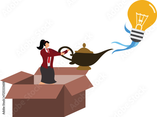 Businesswoman finds a magic lamp and unleashes the charismatic idea light bulb within