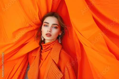 Orange Allure: Fashion Model Wrapped in Vibrant Silk on a Orange Background © Lucy Welch