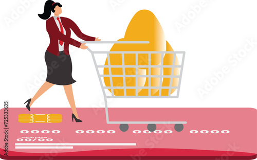 Businesswoman pushing a shopping cart with a big golden egg on it