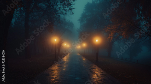 night after rain in park with mist