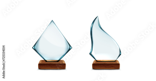 Glass and crystal trophy award on wooden stand. Realistic vector set of blank transparent prize plate on brown base. acrylic winner achievement cup. plexiglass award for sport or business achievement.