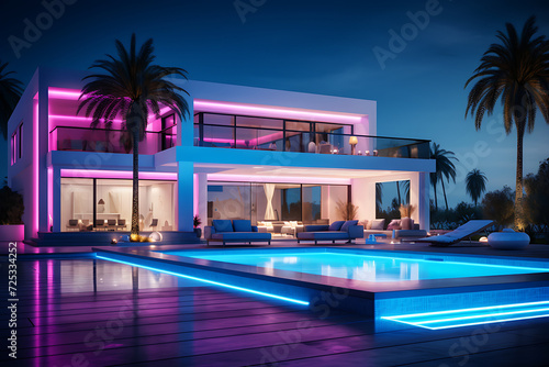 Illuminated modern house with pool at night. 3d rendering