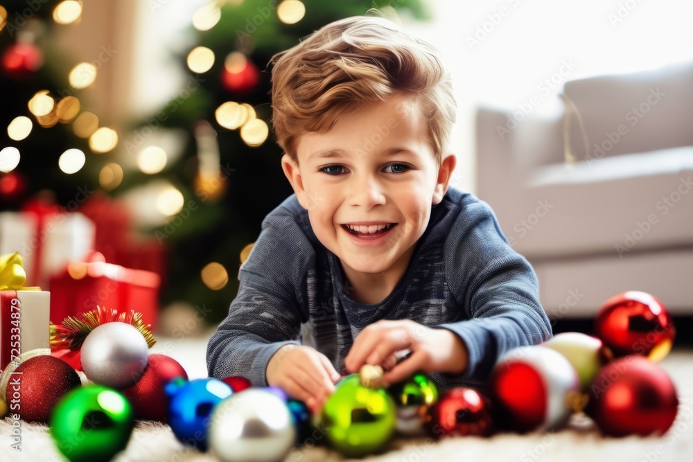 Obraz premium little child playing with christmas presents