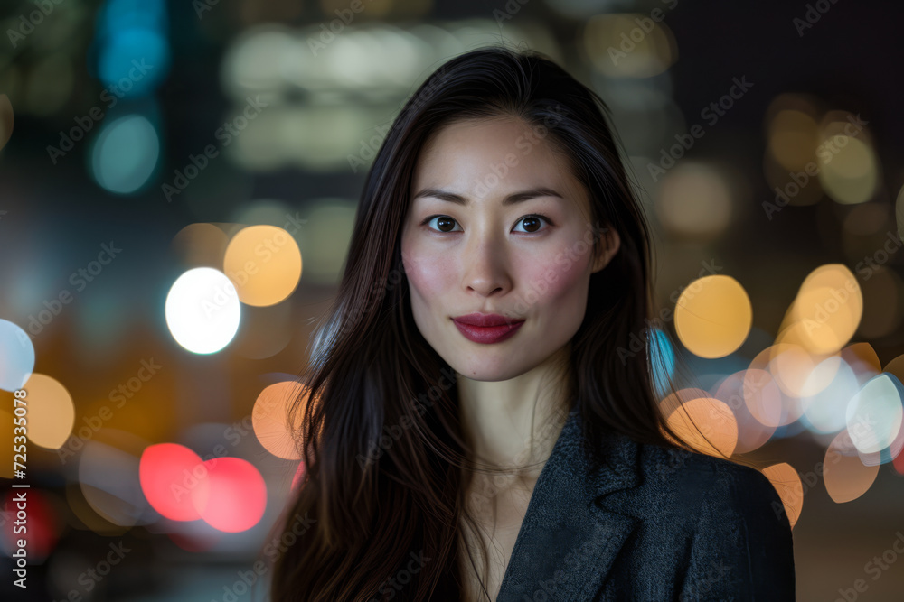 Obraz premium Asian businesswoman portrait looking confident on a night scene copy space background