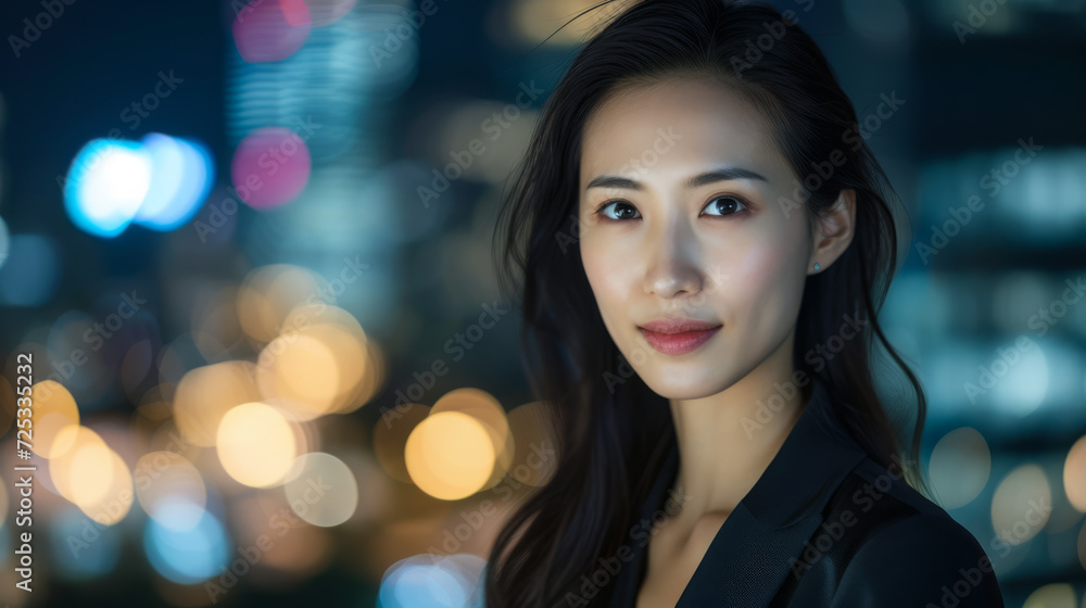 Asian businesswoman portrait looking confident on a night scene copy space background