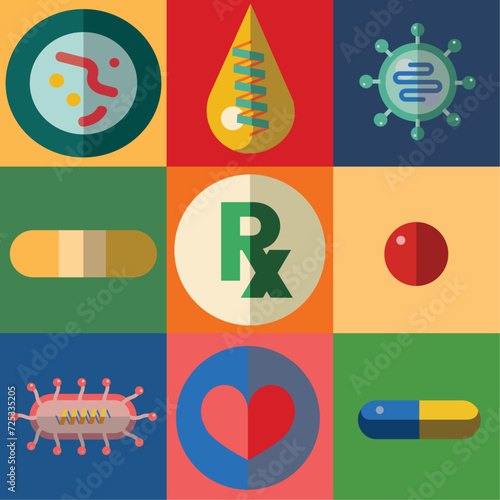 Collection of pills and germs, prescription drug, bacteria colorful vector graphic