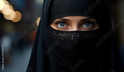 Portrait capturing a Muslim woman elegantly adorned in a niqab.
