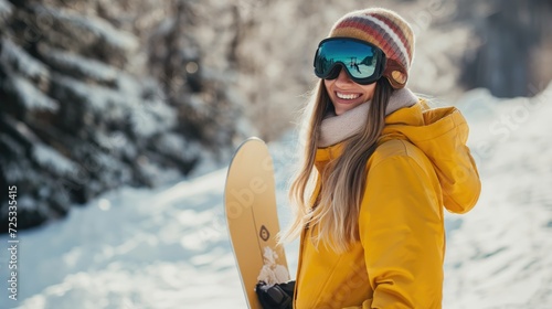 Young smiling woman dressed in ski suit standing with snowboard on ski slope