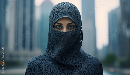 Portrait capturing a Muslim woman elegantly adorned in a niqab. photo