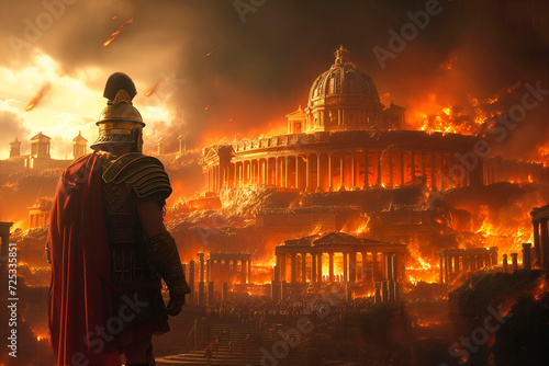 AI generated illustration of the fall of Roman Empire engulfed in fiery devastation