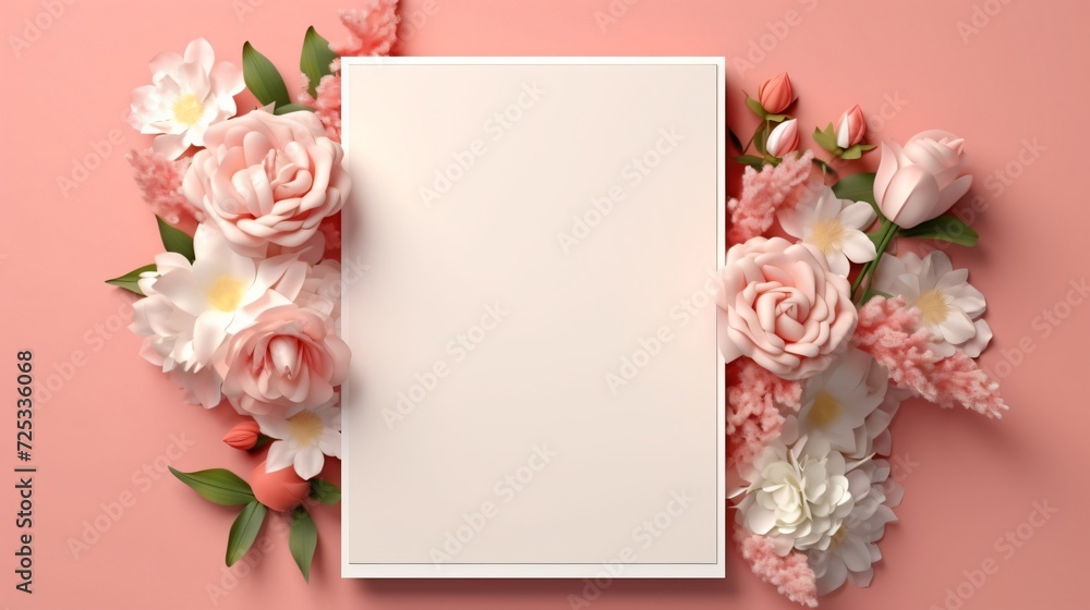 Birthday card layout, valentines day. wedding, background, white canvas, congratulation, holiday, greeting, white background with flowers, pink flowers, blank card, postcard frame layout for birthday 