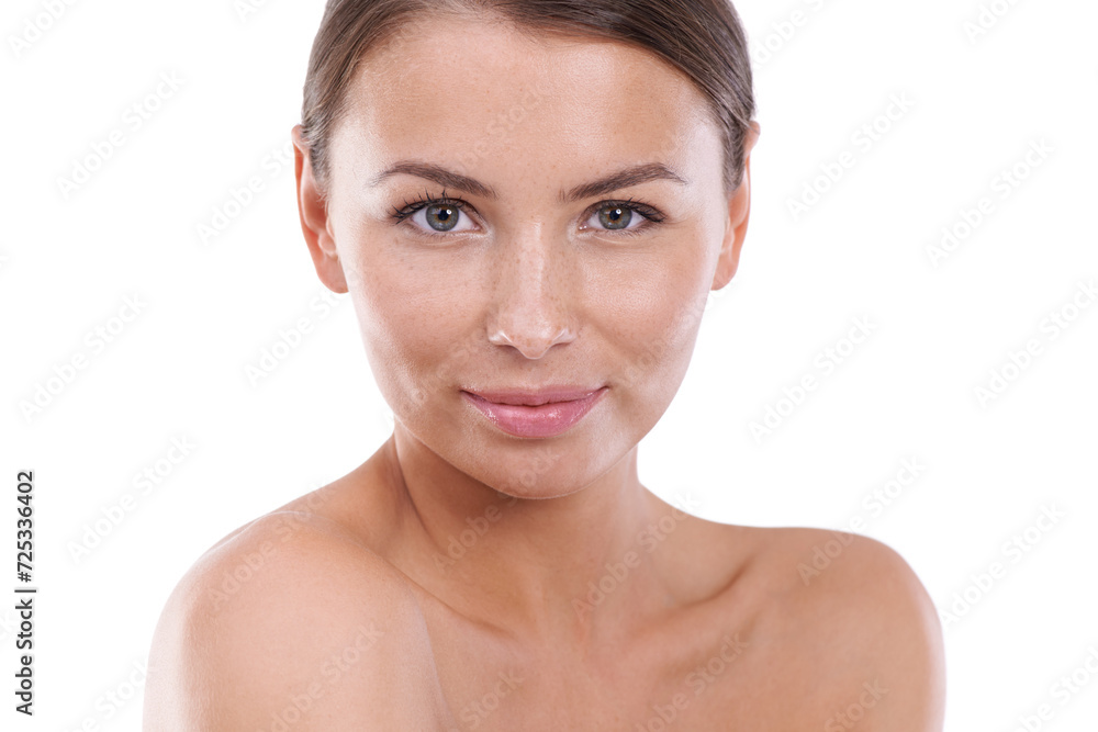 Obraz premium Woman, makeup and portrait with beauty, skincare and cosmetics with hair, confident and face. Skin, female person and glow with pose, studio and model for cosmetology, dermatology and beautiful
