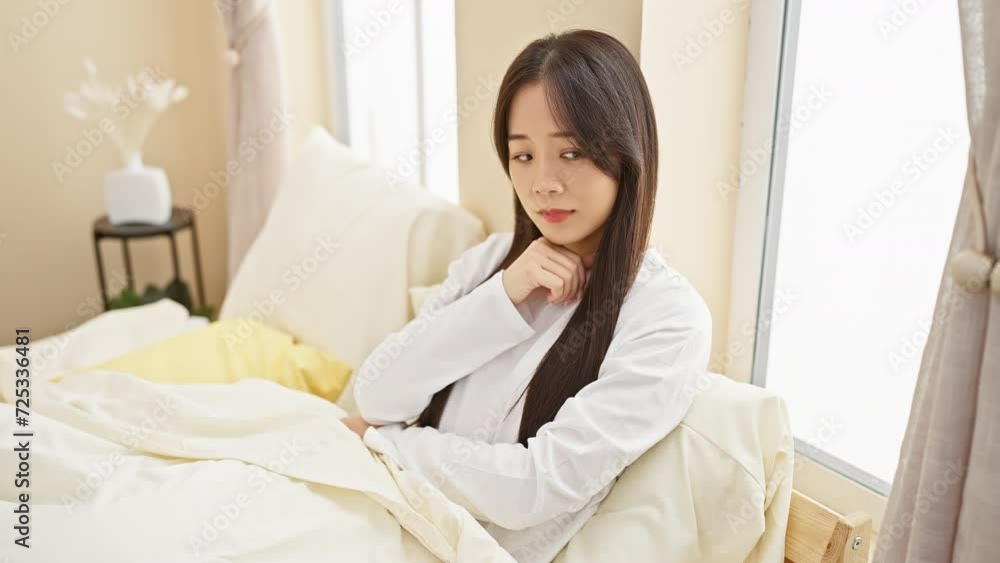 Thoughtful asian woman in white shirt sitting in sunlit bedroom with soft bedding and modern decor Thoughtful asian woman in white shirt sitting in sunlit bedroom with soft bedding and modern decor