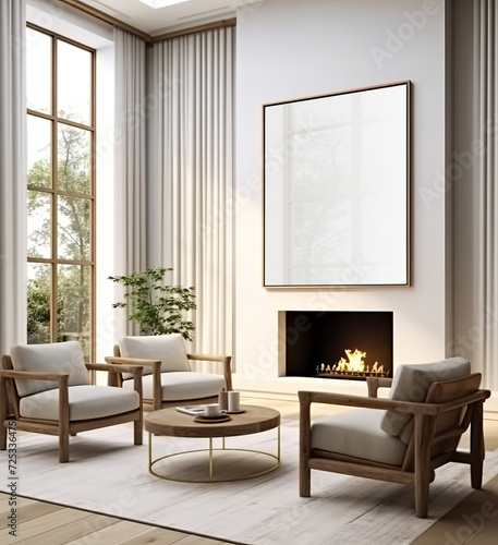 Empty white frame in the beige living room interior with furniture and window. Made with generative AI technology