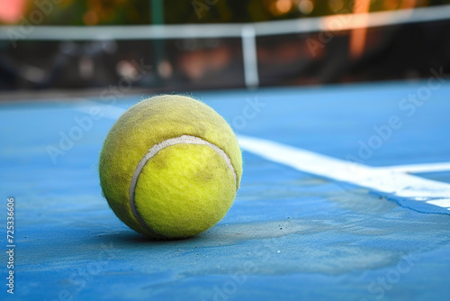 Tennis ball rests on blue tennis court © arhendrix