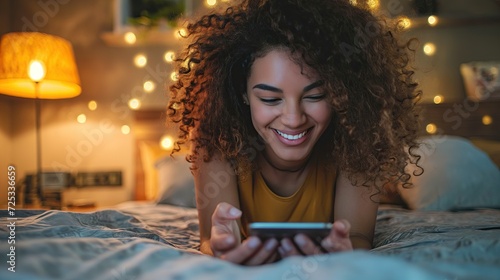 Smiling woman lying on bed with phone photo