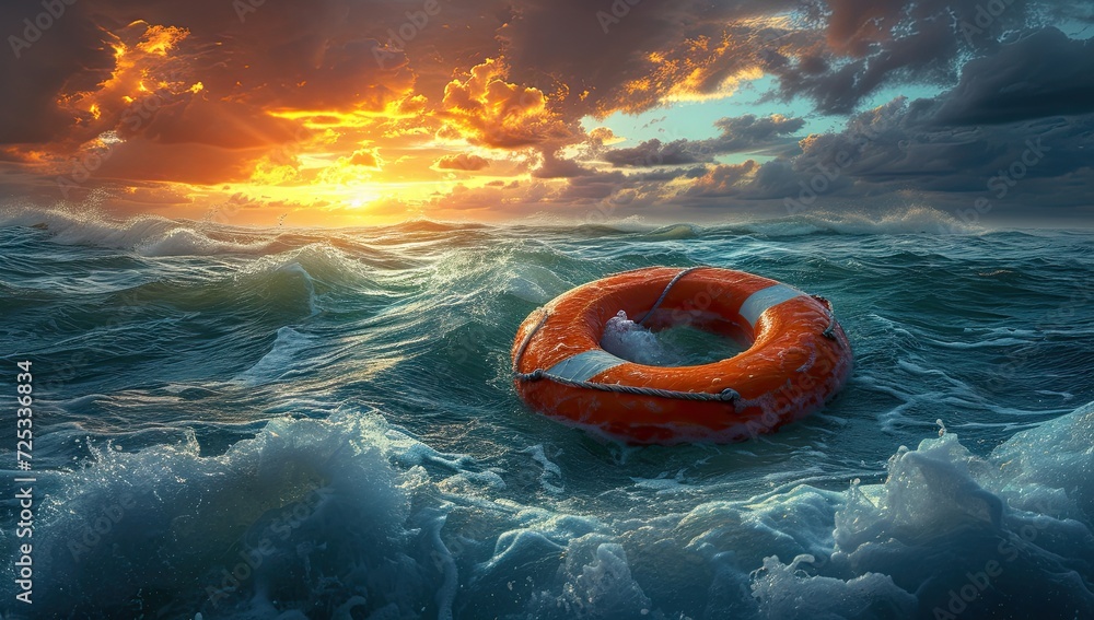 Saving buoy floating in blue sea symbolizing rescue and protection. It emphasizes concept of safety help and survival in dangerous water situations. Life ring is surrounded by waves - obrazy, fototapety, plakaty 