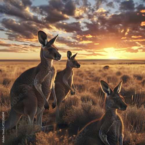 Kangaroo standing in the savanna with setting sun shining. Group of wild animals in nature. © linda_vostrovska