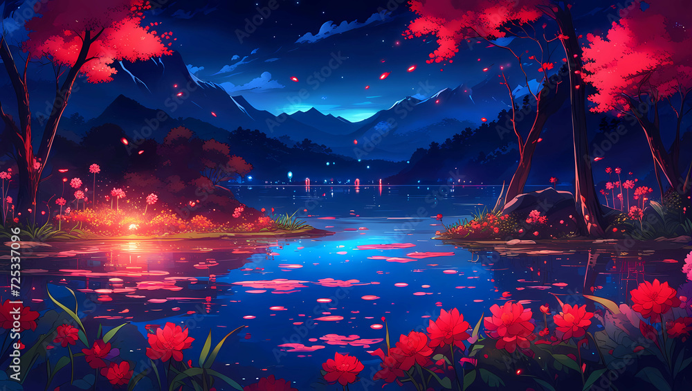 Lake surrounded by red flowers at night.