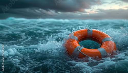 Saving buoy floating in blue sea symbolizing rescue and protection. It emphasizes concept of safety help and survival in dangerous water situations. Life ring is surrounded by waves