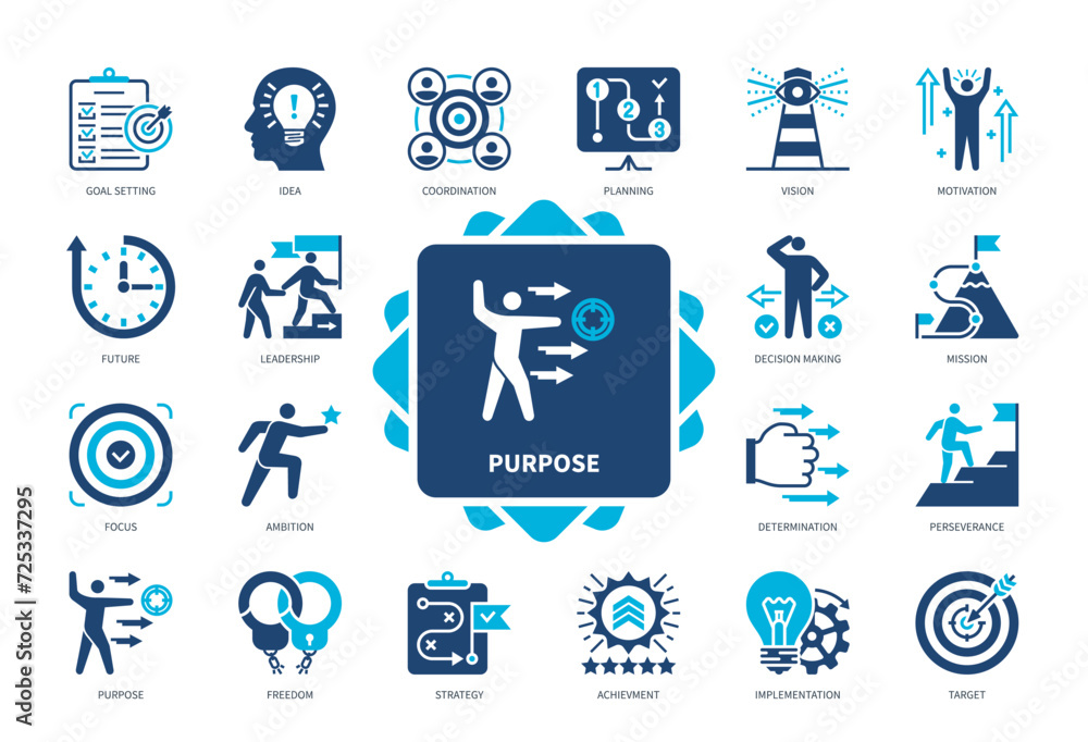 Purpose icon set. Goal Settings, Freedom, Planning, Coordination, Motivation, Ambition, Target, Determination. Duotone color solid icons Purpose icon set. Goal Settings, Freedom, Planning, Coordination, Motivation, Ambition, Target, Determination. Duotone color solid icons