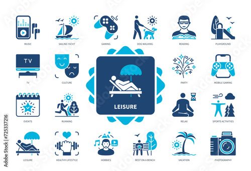 Leisure icon set. Healthy Lifestyle, Hobbies, Party, Vacation, Events, Game, Culture, Reading. Duotone color solid icons