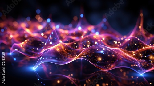 Abstract mesh wave illuminated with glowing white particles against a dark background. 