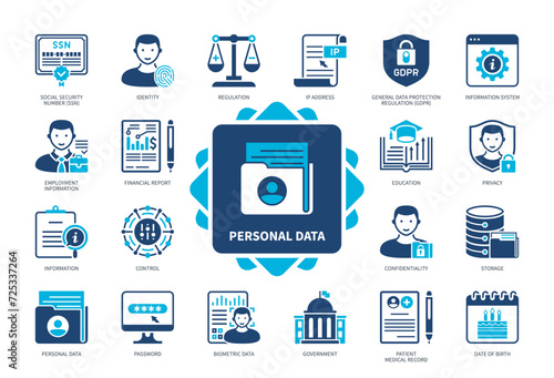 Personal Data icon set. Information, Biometric Data, Regulation, Identity, Social Security Number, Privacy, Password, Control. Duotone color solid icons photo