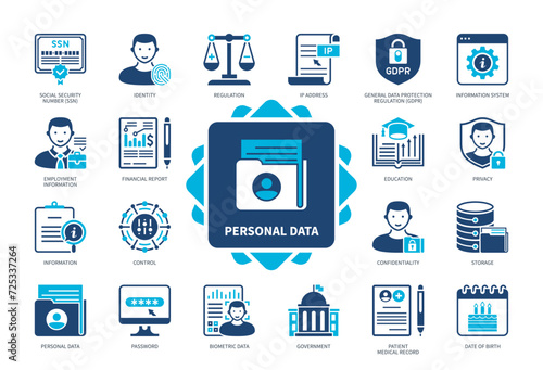 Personal Data icon set. Information, Biometric Data, Regulation, Identity, Social Security Number, Privacy, Password, Control. Duotone color solid icons