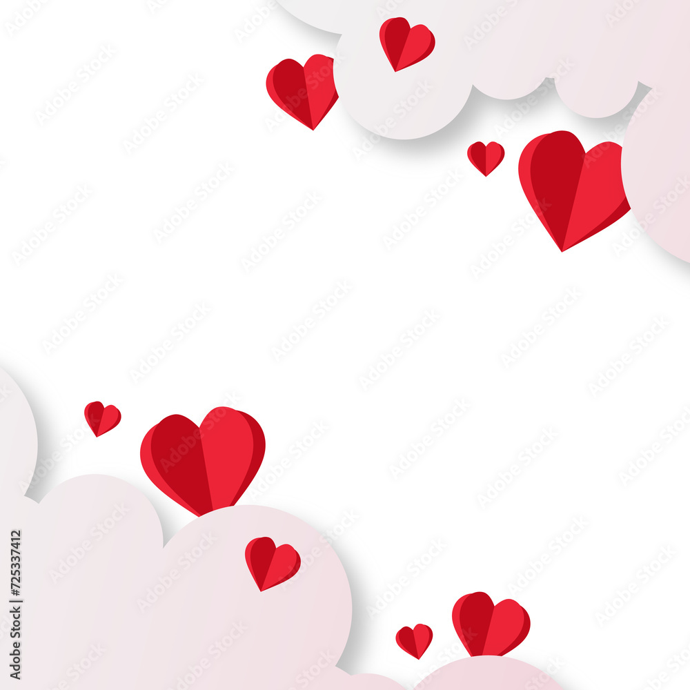Red Hearts And Clouds Paper Cut Effect Frame And Border Valentines Day Decoration Background