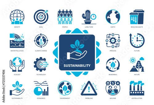 Sustainability icon set. Earth, Water Pollution, People, Climate Change, Renewable, Pollution, Economics, Environment. Duotone color solid icons