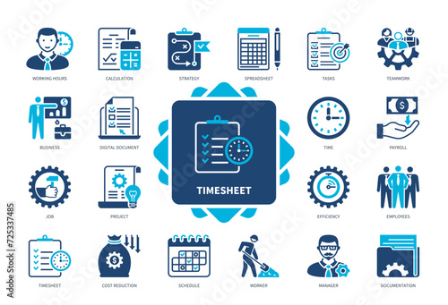 Timesheet icon set. Employees, Spreadsheet, Tasks, Working Hours, Documentation, Payroll, Calculation, Cost Reduction. Duotone color solid icons