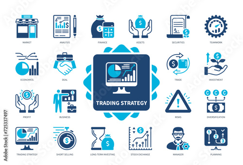 Trading Strategy icon set. Securities, Short Selling, Planning, Diversification, Market, Stock Exchange, Profit, Analysis. Duotone color solid icons