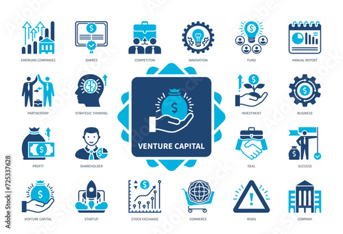 Venture Capital icon set. Emerging Companies, Startup, Business, Investment, Partnership, Shares, Strategic Thinking, Profit. Duotone color solid icons