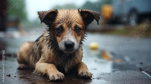 A homeless wet dog on the street