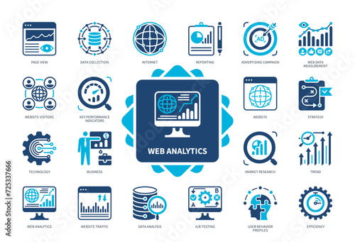 Web Analytics icon set. Technology, Efficiency, Web Traffic Measurement, Reporting, Trend, Page View, Market Research, Data Collection. Duotone color solid icons