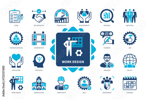 Work Design icon set. Planning, Human Resources, Research, Organisation, Work Safety, Coordination, Productivity, Psychology. Duotone color solid icons