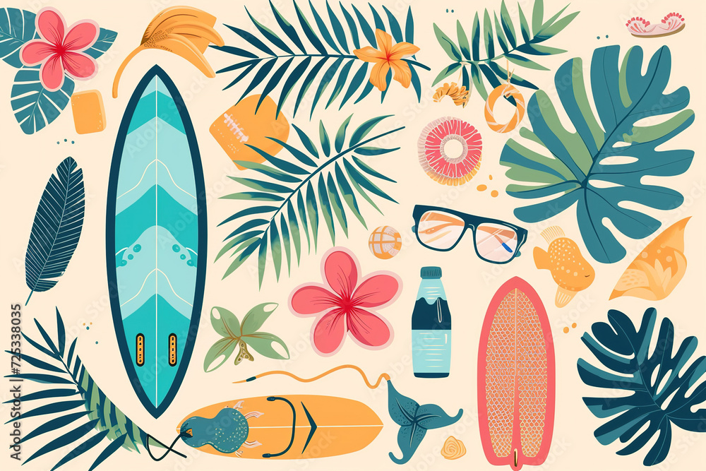 Hawaiian and surfing colorful elements concept - obrazy, fototapety, plakaty 