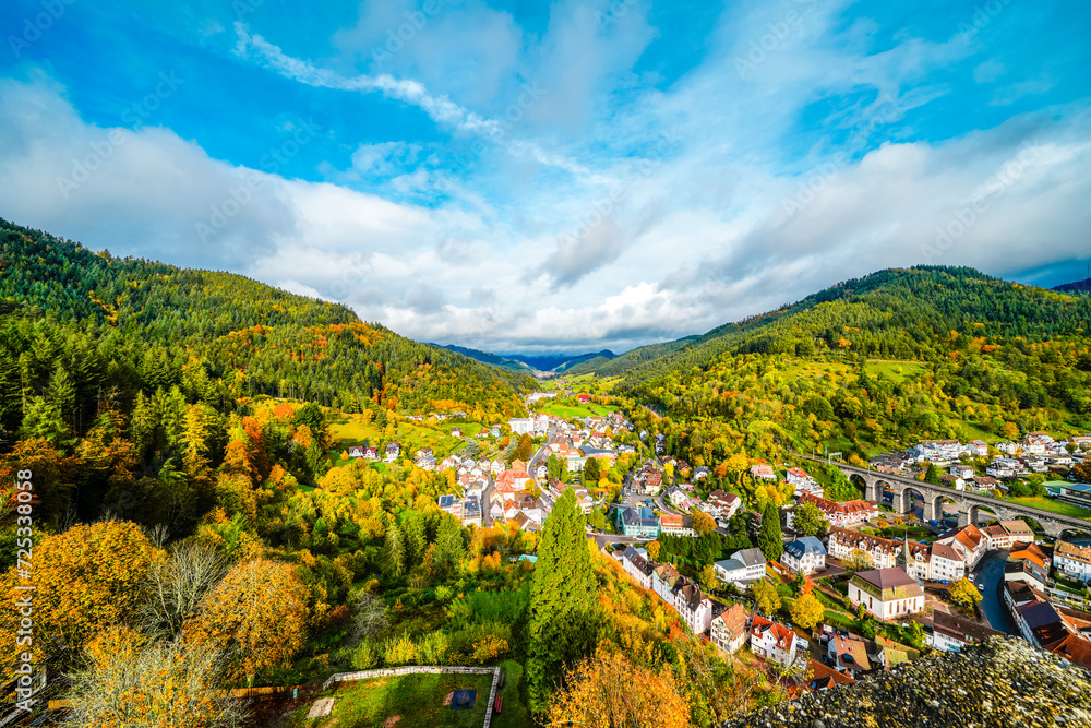 View of the town of Hornberg in the Black Forest. City in Baden-Württemberg with the surrounding green nature with forests and mountains.
