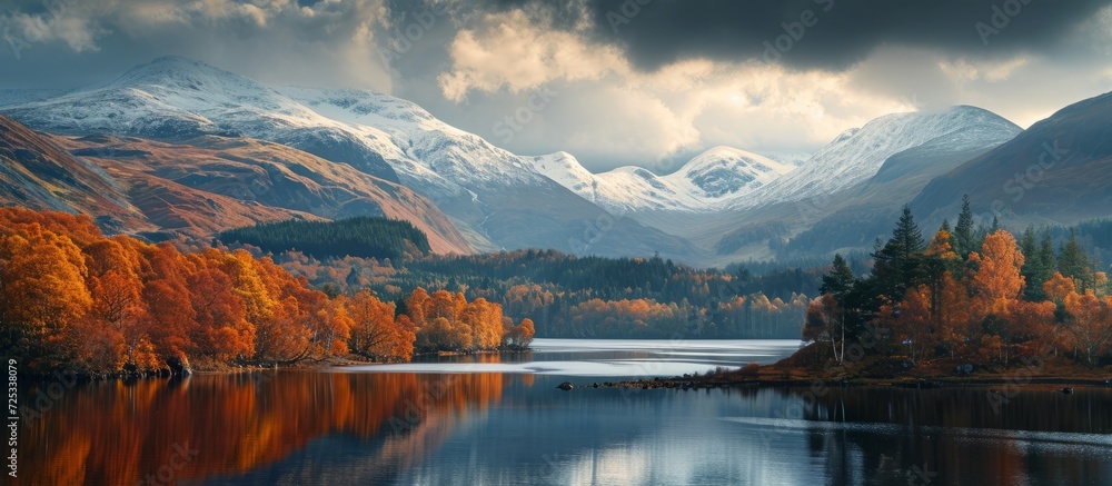Autumn hues and lush woodland overlooked by snow-capped peaks