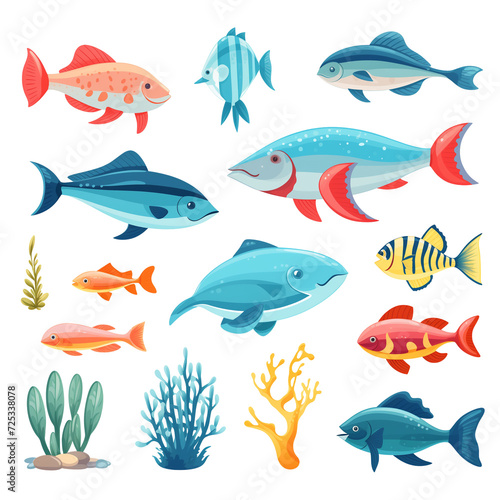 Isolated cute sea fish. Set of freshwater aquarium cartoon fish for print, AI Generative
