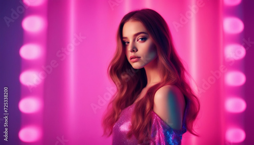 Fashion girl with long hair on blue pink gradient background neon light in the studio