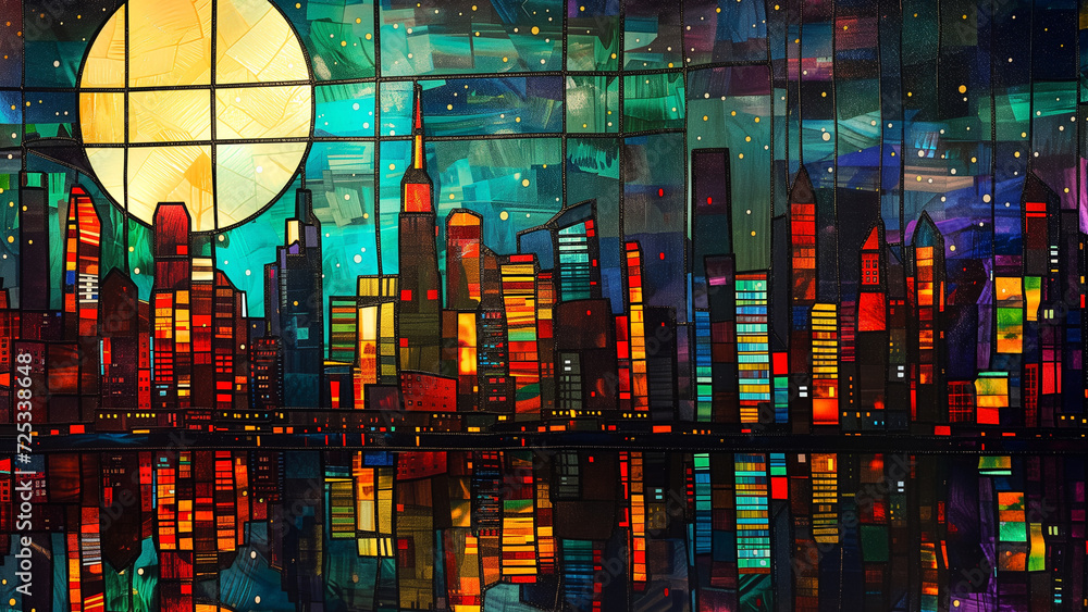 Tranquil Night in Glass: A Stained Cityscape Tranquil Night in Glass: A Stained Cityscape