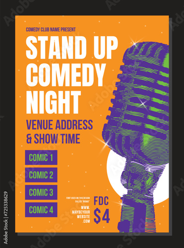 Modern Poster Card Of Stand Up Comedy Show. Shiny Microphone, Open mic night, orange Background And Entertainment Depicted On Comedy Performance Banner. vector Illustration